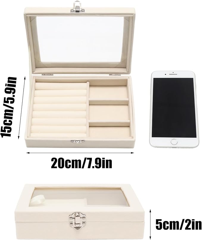 Small Velvet Jewelry Tray with Clear Lid, Lockable Ring Earring Holder Organizer Storage Box Case Jewelry Box Organizer for Rings Earrings Bracelets Brooches, 2-in-1 Beige