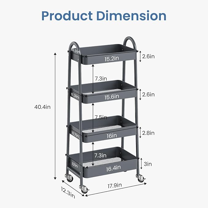 DUMOS 4 Tiers Rolling Utility Cart, Storage Organizer, Shelving Unit | Metal, Lockable Wheels, Mobile, Kitchen, Bathroom, Laundry, Narrow Places, Gray