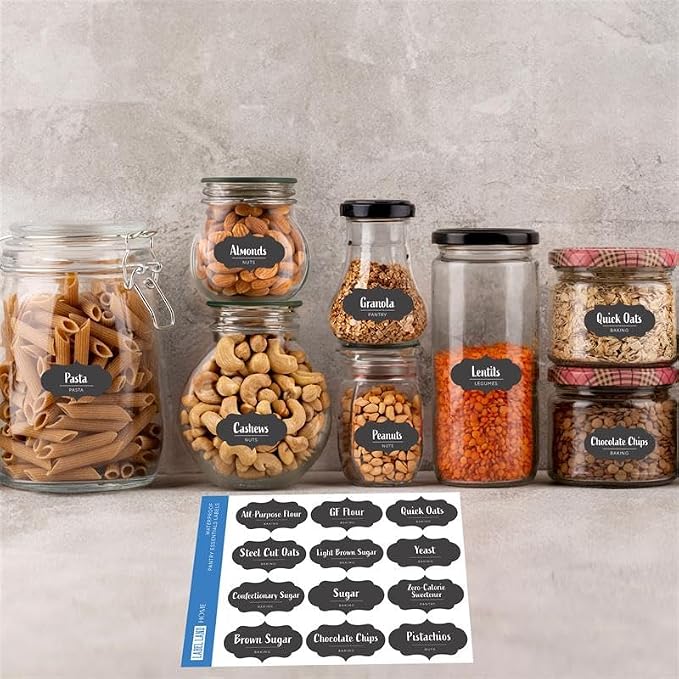 Pantry Labels – 60 Preprinted Easy to Apply Pantry Labels for Containers, Waterproof and Dishwasher Safe Labels, Organize Jar, Spices, Canister, for Kitchen Organization