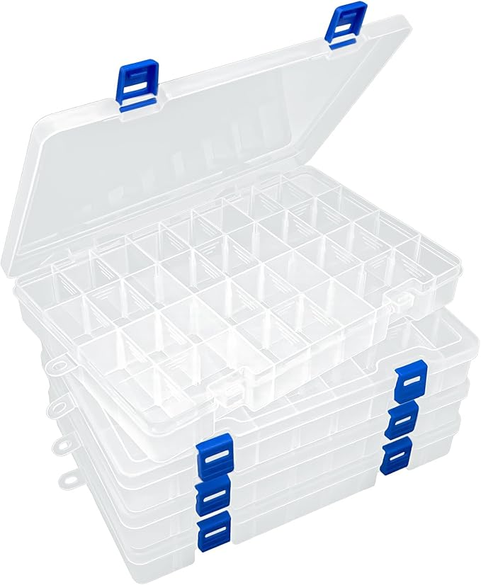 DUOFIRE Plastic Organizer Container Storage Box Adjustable Divider Removable Grid Compartment for Jewelry Beads Earring Container Tool Fishing Hook Small Accessories(34 Grids, White X 4)