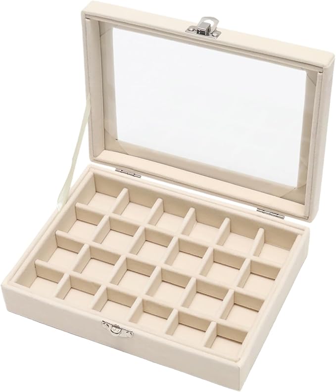 Small Velvet Jewelry Tray with Clear Lid, Lockable Ring Earring Holder Organizer Storage Box Case Jewelry Box Organizer for Rings Earrings Bracelets Brooches, 24 Grids Beige