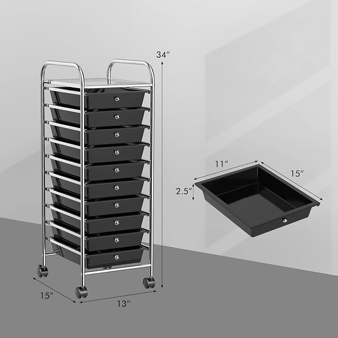 LDAILY 10-Drawer Rolling Storage Cart, Rolling Storage Cart, Storage Organizer on Wheels, Metal Frame, Scrapbook Paper Tools, Suitable for Office School, Classroom (Black, 10 Drawer)