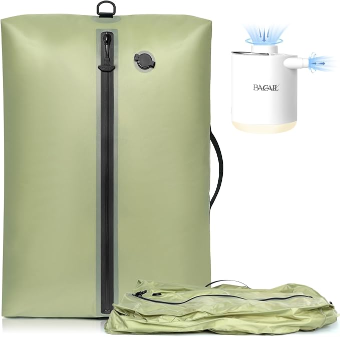 BAGAIL TPU Vacuum Bag for Travel, Reusable Compression Bag with IPX8 Waterproof Zipper, Save Space for Suitcase, Backpack and Carry on (Olive Green, Large, With Pump)