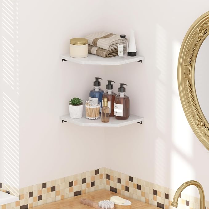 JJL Corner Shelf, 12 Inch Corner Shelf Wall Mounted with Wire Hole, 4 Tier 13.3 Inch Deep Wooden Corner Hanging Shelves for Wall Storage, for Speaker, Cable Box, White