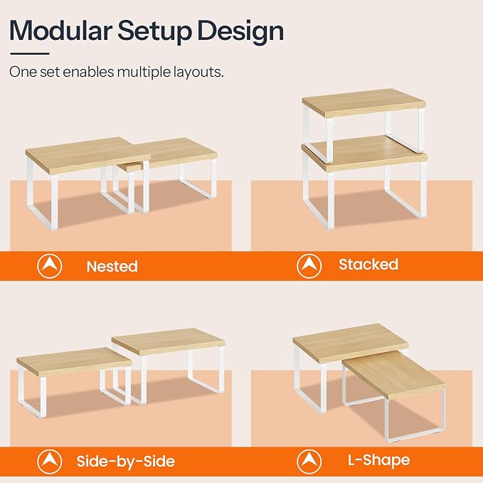 HOOBRO Cabinet Organizer Shelf, Set of 2, Kitchen Countertop Organizer, Kitchen Countertop Shelf, Spice Rack for Counter, Stackable, Expandable for Cabinet, Kitchen, Natural and White WN33TL01