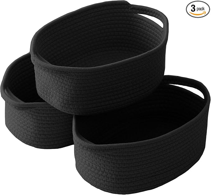 JMvicyroam Woven Basket,Small Rope Storage Bin with Handles & Ribbon Bag, Organizer for Shelves Closets,Gift Basket Empty for Birthday,Books,Dog Toys, Black/3 Pack