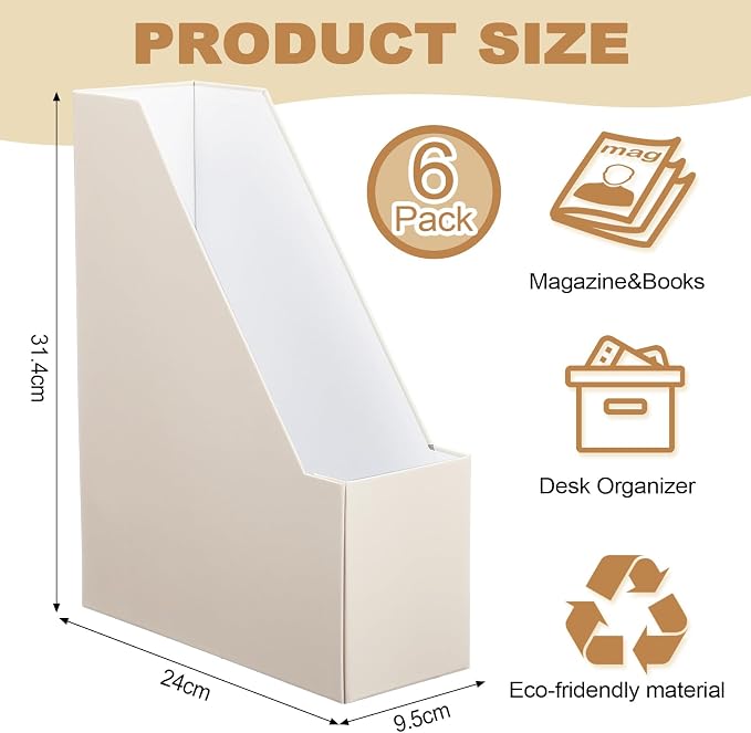 Feifeiya Magazine Holder Set of 6 Sturdy Cardboard Magazine File BOY7116 Beautiful Desk Book Organizer and Storage Box for Documents, Magazines Holder Rack for Shelf Home Office Classroom(Beige)