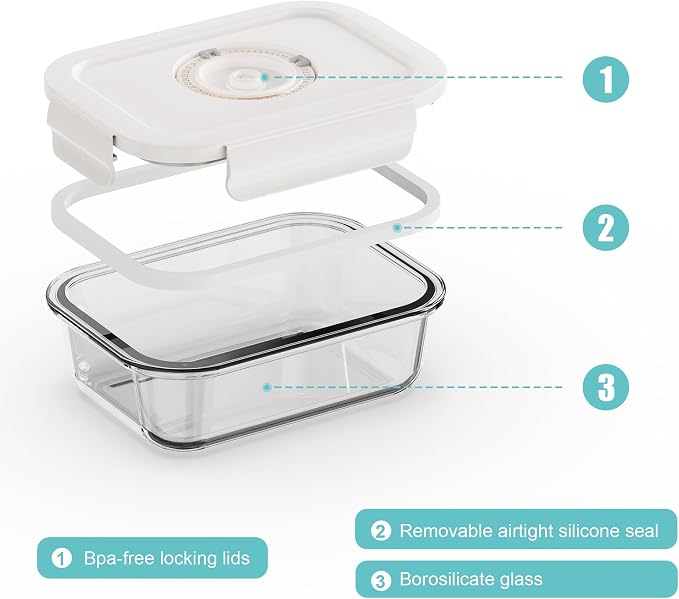 Vacuum Seal Glass Food Storage Containers, 3pcs Containers with 10pcs Sous Vide Bags/ 1pc Manual Pump, Meal Prep Container with Airtight Locking Lids for Lunch, Long-Lasting Freshness