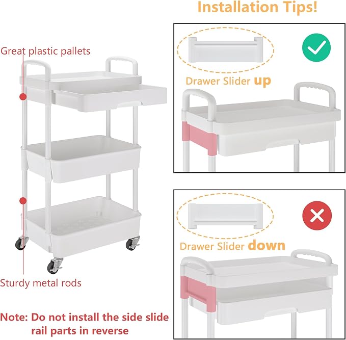 Calmootey 3-Tier Rolling Utility Cart with Drawer,Multifunctional Storage Organizer with Plastic Shelf & Metal Wheels,Storage Cart for Kitchen,Bathroom,Living Room,Office,White | Space-Saving Organizer, Sturdy Plastic Shelves, Smooth-Rolling Metal Whee...
