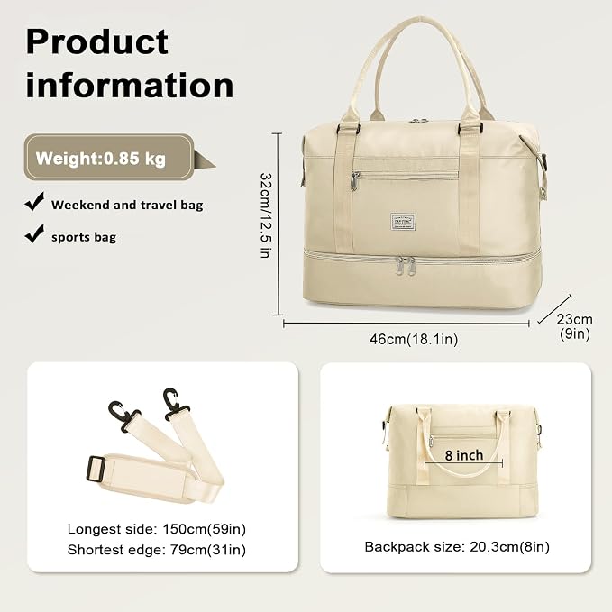 TANTOMI Travel Duffle Bag for Women Personal Item Travel Bag with Shoes Compartment, Weekender Overnight Bag Carry On Duffle Bag Tote Gym Bag for Travel, Sports, Hospital, Dance, Beige