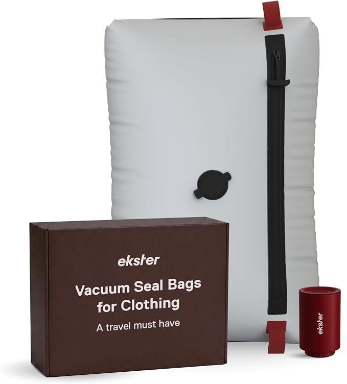 Ekster TravelPack Vacuum Kit Plus – Vacuum Seal Bags for Clothing Travel with Electric Air Pump, Compression Packing Cubes Alternative, Space Saver, Fits 10+ Days | Travel Essentials 2026-1 Pack