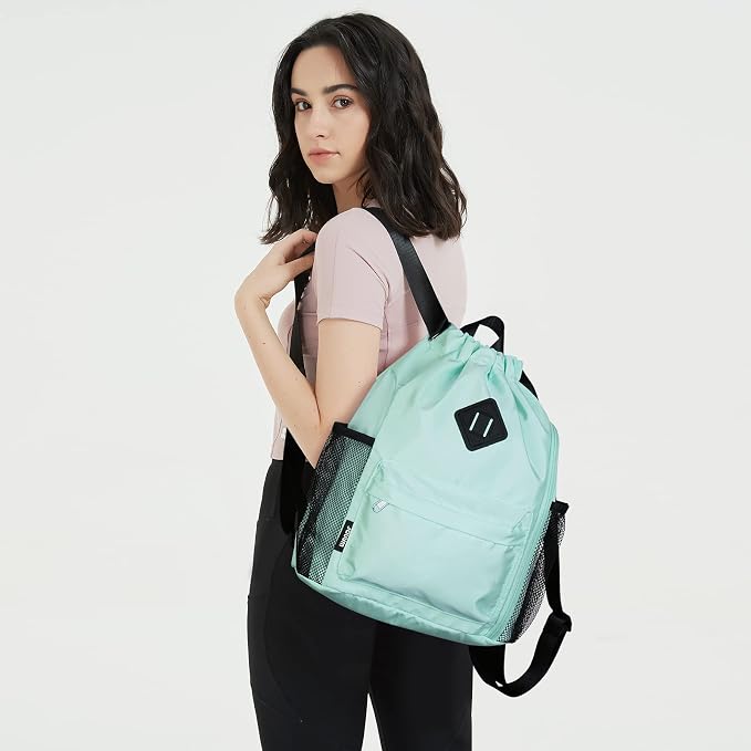 WANDF Drawstring Backpack with Shoe Compartment, Sports Gym Bag | Multi-Pocket Storage, Water-Resistant Fabric, Cinch String Bag