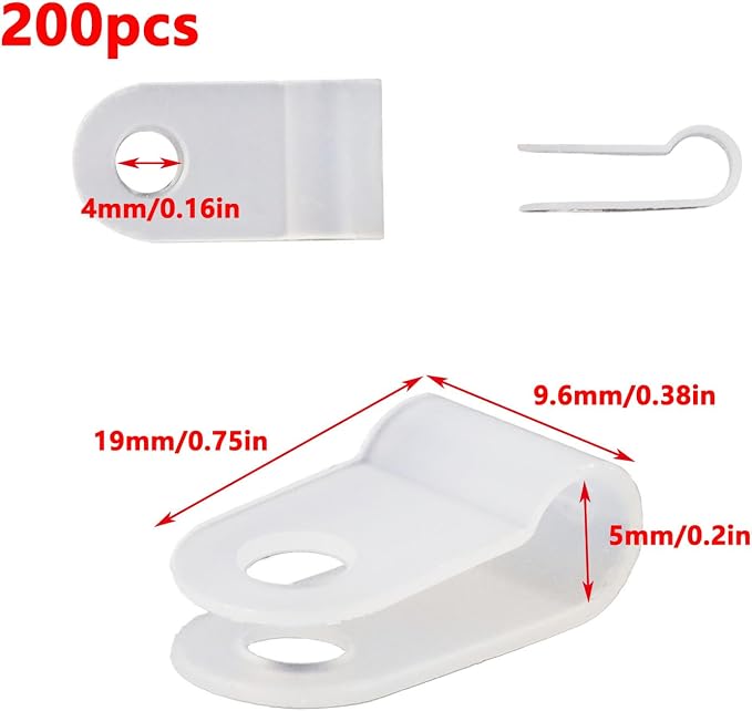 Antrader 1/5" Nylon Cable Clamps,Nylon R-Type Cable Clamp Fastener,200Pcs | R-Type Wire Cable Clips with Stainless Steel Screws for Cable Conduit,White