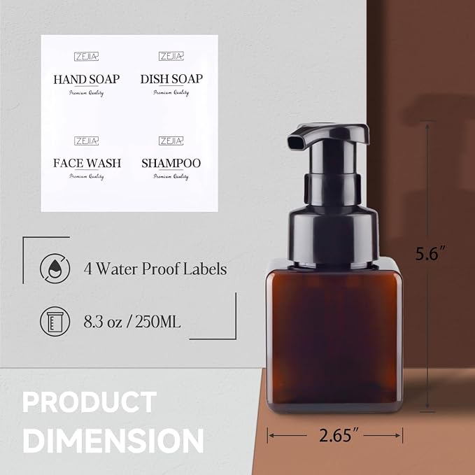 250ML Foaming Soap Dispenser, 2-Pack Plastic Hand Soap Dispenser, Refillable Leakproof Foam Pump Bottle with Waterproof Labels, for Shampoo, Body Wash