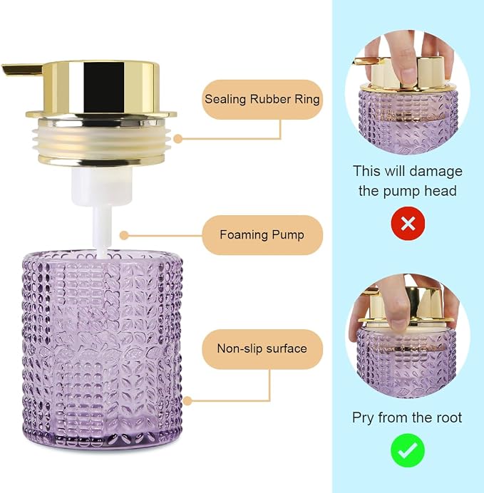 Foaming Soap Dispenser, Purple Glass Foam Soap Dispenser with Gold Pump, Refillable 10oz Lotion Liquid Container Pump Bottle for Bathroom Kitchen Countertop