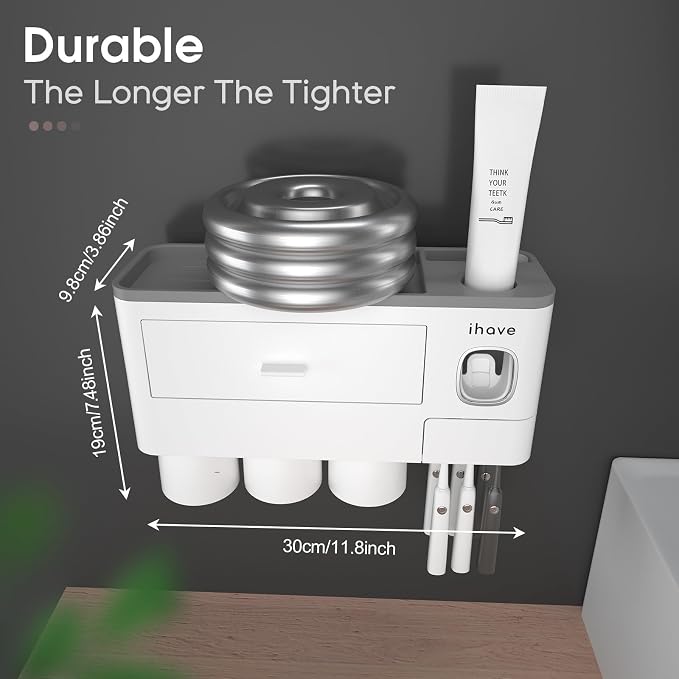iHave Toothbrush Holders Wall Mounted with Toothpaste Dispenser & 3 Cups | All-in-One Bathroom Organizer: 3 Cups, 6 Slots, Toothpaste Dispenser, Large Tray & Drawer. Wall Mount, No Drilling Required