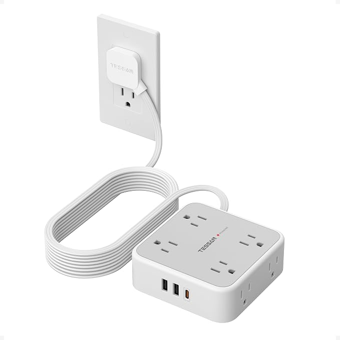 TESSAN Surge Protector Power Strip, 15 Ft Flat Plug Extension Cord with 3 USB (1 USB C 20W PD) 8 Outlets, 900J Protection, 3 Sided Outlet Extender with Power Switch for Office, Dorm Room, Grey