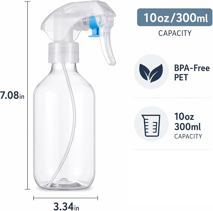 Leakproof Spray Bottle 2 Pack 10 oz, Ultra Fine Mist Sprayer | PET Plastic, 300ml Each, Safety Lock Clip, Leak Proof, For Hair Styling, Plant Misting, Cleaning, Refillable