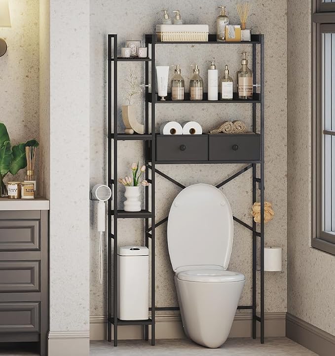 Over The Toilet Storage with 2 Drawers - 7 Tier Bathroom Organizer with Adjustable Shelf, Freestanding Space Saver Storage Rack Above Toilet Stand with Hooks for Small Restroom, Laundry(Black)