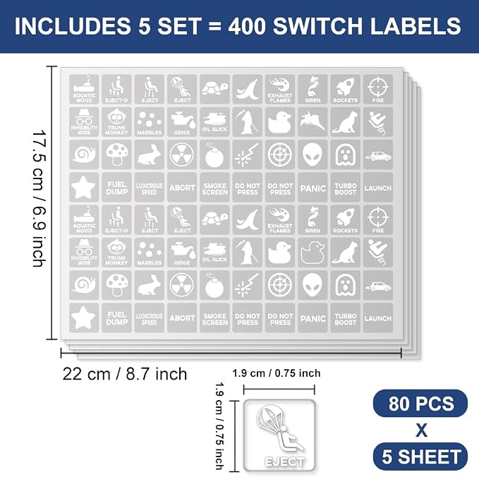 400 Pcs Car Switch Panel Stickers, 40 Designs Auto Switch ID Label Decals Fun Car Button Icon Black Dash Board Label Decals for Boat Truck