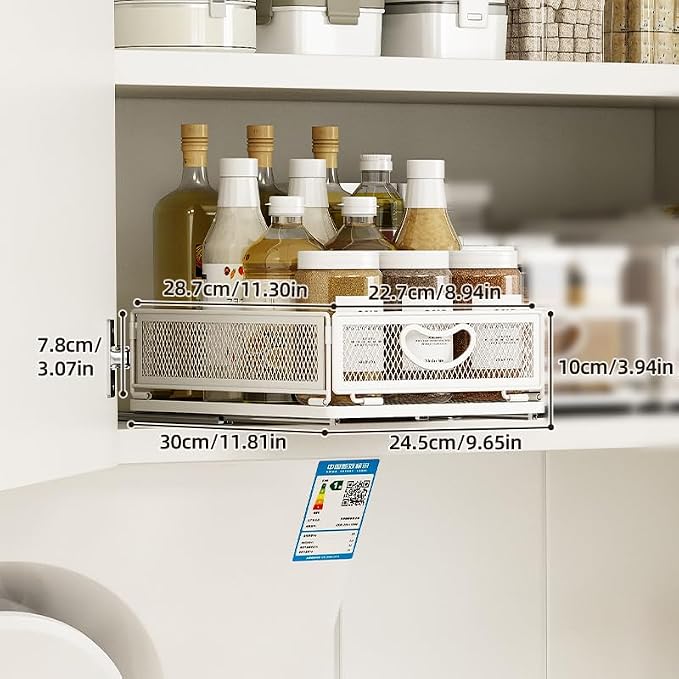 GC Pull out Cabinet Organizer Fixed with Adhesive Nano Film Heavy Duty Slide out Pantry Shelves Drawer Storage under sink organizer Sliding Mesh Cabinet Basket with Handle for Kitchen (Small)