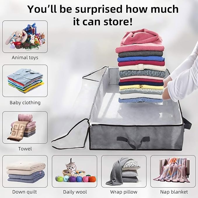 Underbed Storage Bag 40 x 20 x 6 Inches – Breathable Non-Woven Fabric Organizer for Clothes, Blankets, Shoes, Clear Window & 5 Handles