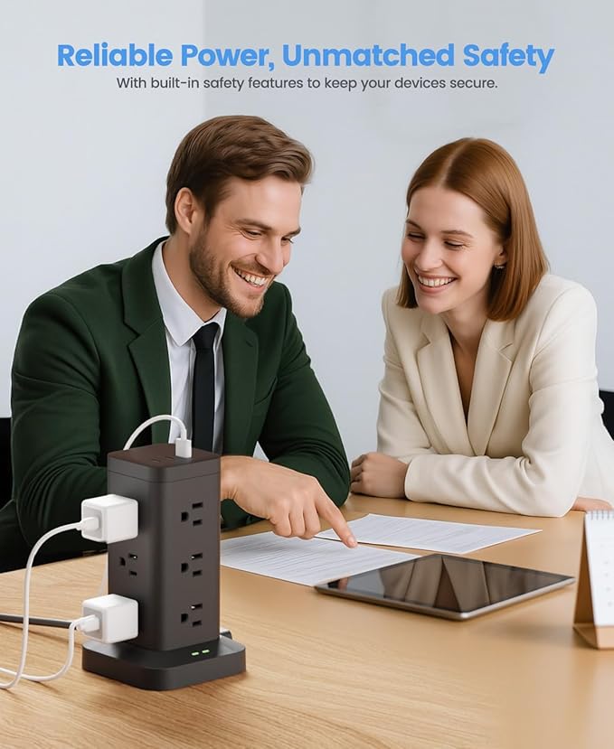 Power Strip Tower with Surge Protector 1800J, Fast Charging Tower PD20W USB-C Ports with 12 AC Outlets, Extension Cord for Home Office Dorm Room, 15ft, Black