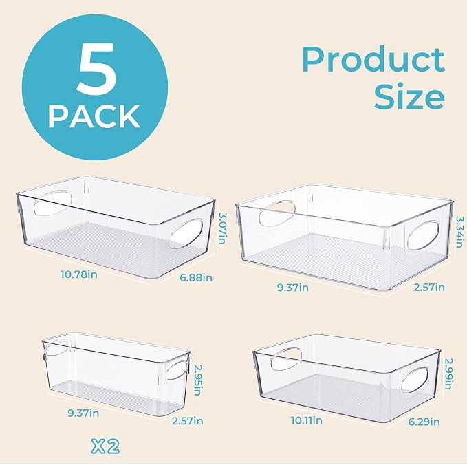UFORU 5 Pack Clear Plastic Pantry Organizers and Storage with Handles | Non-slip Bottom Stability, Space-Saving Stackable Design, Clear Visibility, Thickened Plastic, Multi-Scene Storage Solutions