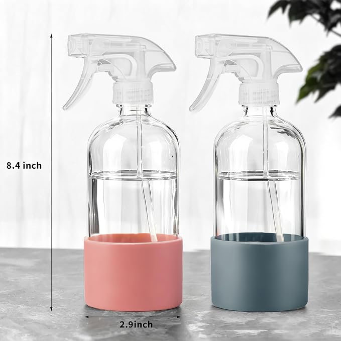 Glass Spray Bottles (2-Pack) with Silicone Sleeve - 16oz Empty Refillable Bottles - Adjustable Nozzle for Hair, Plants, Cleaning & DIY Solutions - Blue & Grey (pink+gray1)