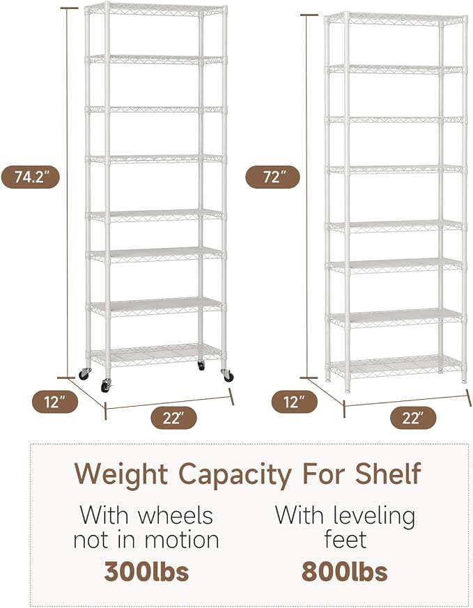 Golpart Shelves Storage Shelf Wire Closet Bathroom Organizers Metal Pantry | 8 tier Kitchen Garage Shelving Unit Laundry Room Organization Home Rack Net Basket Black with Wheels 11.7”D X 22”W X 74.2”H