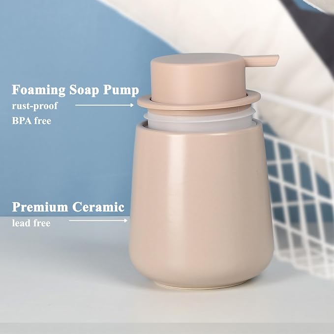 Bosilunlife 12Oz Ceramic Foam Soap Dispenser for Bathroom Kitchen Counter | Premium countertop foam pump creates delicate dense foam, stable desktop placement, Khaki