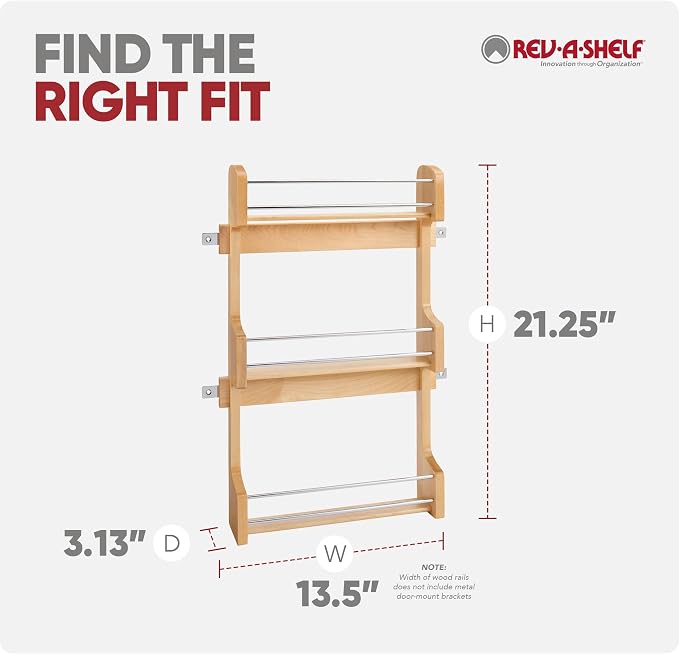 Rev-A-Shelf 18" 3 Tiered Pull Out Shelf Organizer for Kitchen Cabinets, Pantry Storage Spice Seasoning Rack, Door/Wall Mounted, Maple Wood, 4SR-18