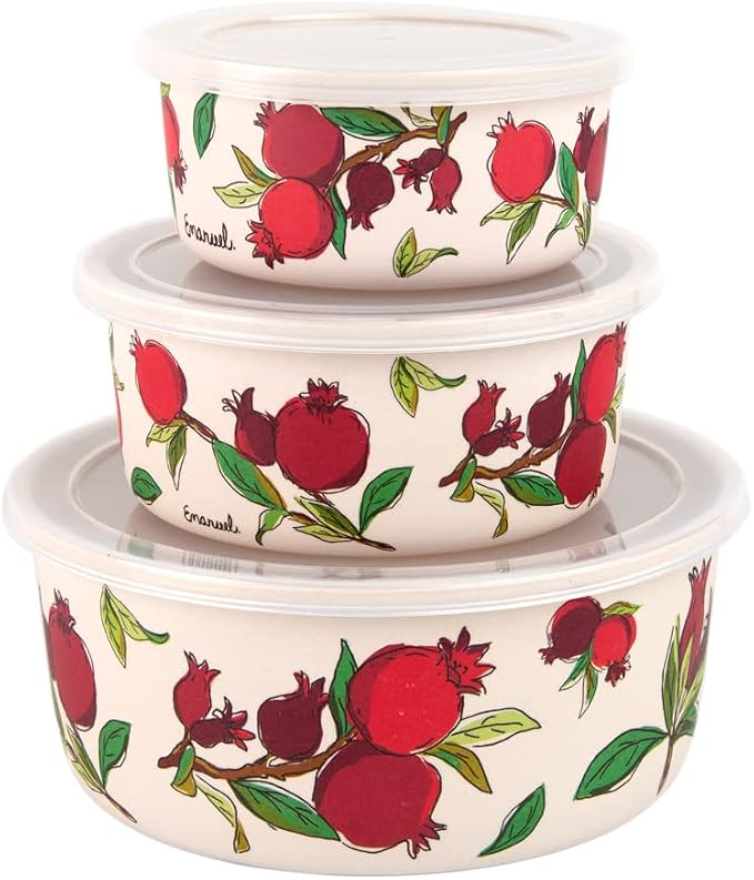 EMANUEL Set of 3 Melamine Food Storage Containers - Reusable Storage Lunch Boxes Plastic Lid - Unique Printed Designs (Pomegranates BMB-21A)
