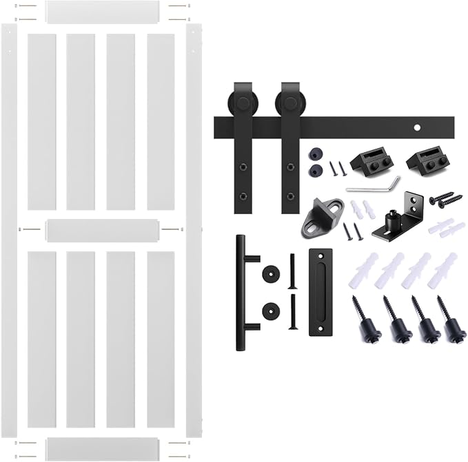 30''x 80'' Sliding Barn Door with 6.6 Ft Barn Door Hardware Kit | Pre-Drilled Holes Easy Assembly - Include Installation Manual, Water-Proof PVC Surface, H-Frame, White