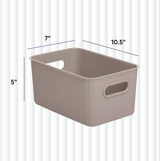 Superio Ribbed Collection - Decorative Plastic Basket Open Home Storage Bins Organizer, Medium Taupe (2 Pack) Container Boxes for Organizing Closet Storage Bins for Shelves Drawer Shelf 5 Liter