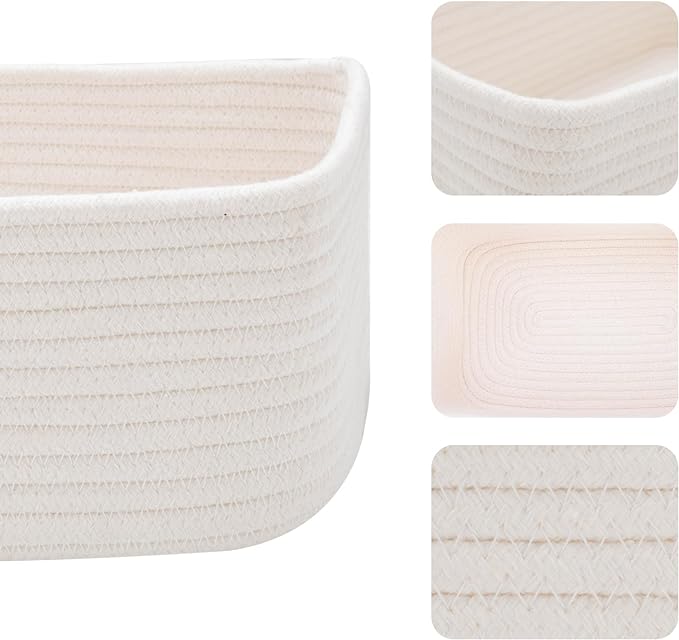 MiniArk Small Storage Baskets for Organizing | Closet Organizer Bins | Shelf Toy Basket | Woven Rope Baskets | Cube Decorative Box | Shallow Basket | 11.5x7.5x4.7” | 3 Packs Off White