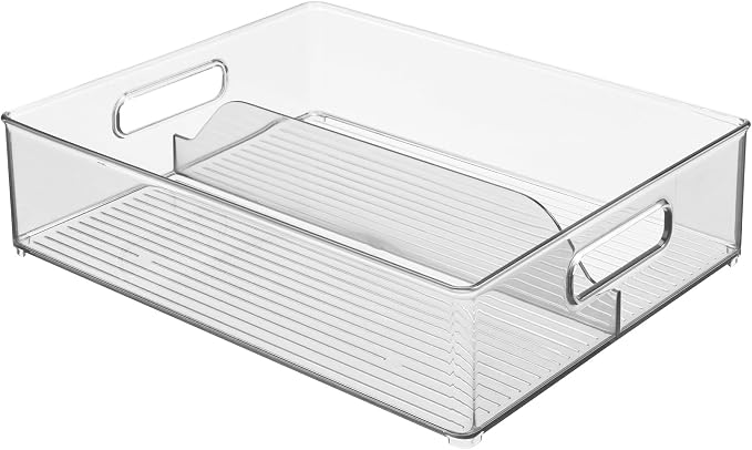 iDesign Divided Pantry Bin with Handles, Set of 3, Clear | For Pantry, For Refrigerator, For Freezer