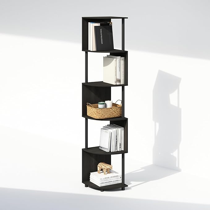 Furinno Basic Book Shelf, 5-Tier Bookshelf, Bookcase with Zigzag Corner Shelf, 14.2 x 14.2 x 71.2, for Living Room, Bedroom, Home Office, Amber Pine/Black