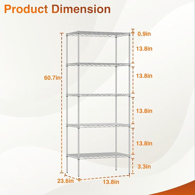 BestOffice | 5-Tier Wire Storage Shelves | 14x24x60 | Chrome | Heavy-Duty Metal Shelf, Holds Upto 750 lbs | No-Tool Assembly | Ideal for Home & Garage Shelving