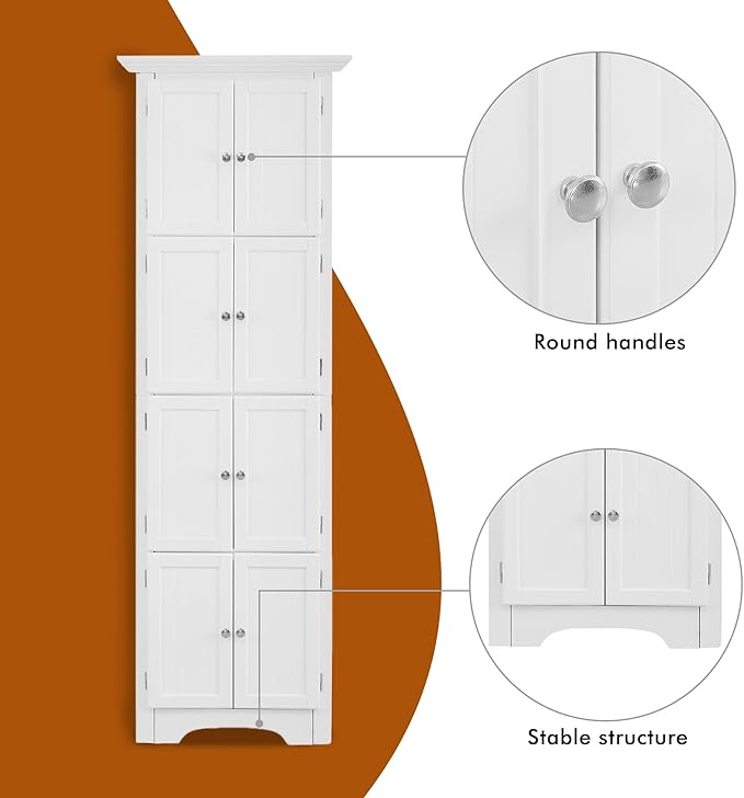 Tall Corner Bookcase Storage Cabinet with Doors and 4 Shelves, Freestanding Triangle Cabinet for Living Room, Kitchen, Office, Small Space, Floor Corner Storage Rack (White)