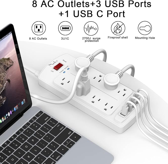 6FT Surge Protector Power Strip, Nuetsa Extension Cord with 8 Outlets and 4 USB Ports, 6 Feet Power Cord, 2700 Joules, ETL Listed, White