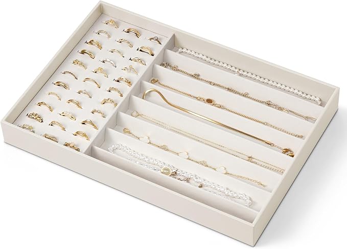 VLANDO Stackable Jewelry Tray, Drawer Organizer for Rings Necklaces,Beige | Ring Slots, Long Sections, Vanity Storage, Keeps Chains, Earrings, Pendants Tidy, Gift for Women Girl