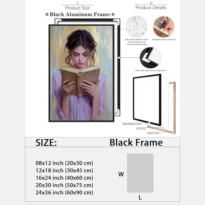 Girl Reading Book Lover Art Aesthetic Poster Canvas Wall Art Decoration Living Room Home Decor Bedroom Decoration Poster black framed8x12inch