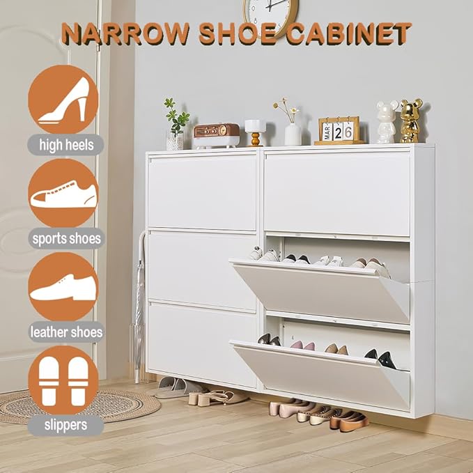 Shoe Storage Cabinet with 3 Flip Drawers, Hidden Slim Narrow Shoe Rack Cabinet, Wall Mount Metal Shoe Cabinet for Entryway, White