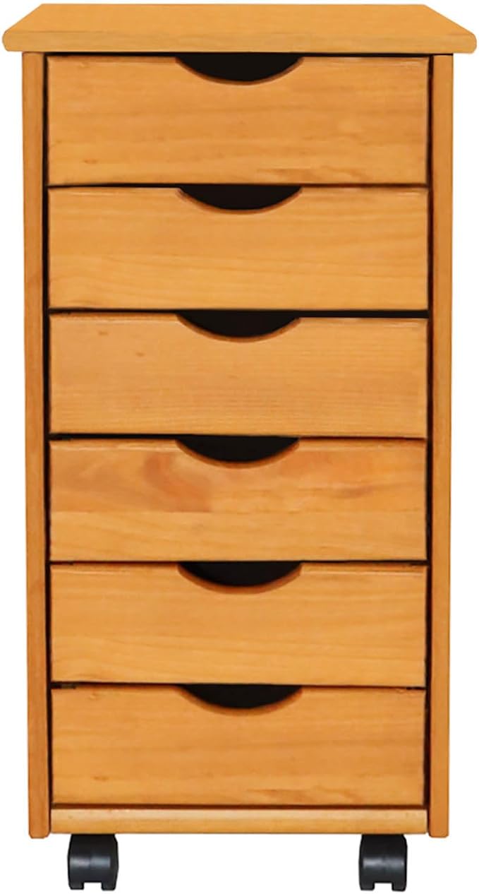 Jela-USA Solid Pine Wood 6 Drawer Rolling Cart, Honey Pine