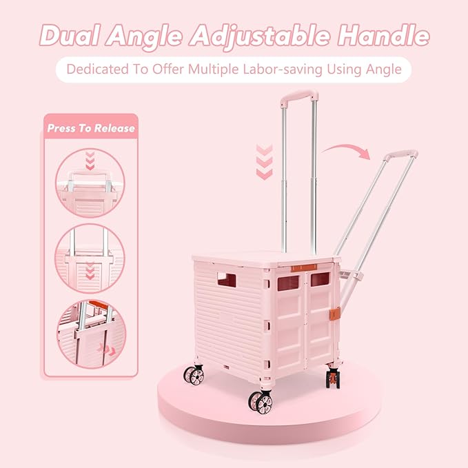 SELORSS Foldable Utility Cart Rolling Crate Handcart Shopping Cart with Rotate Wheels Extended Magnetic Lid Telescoping Handle Adjustable Angle for Transports Groceries Office Teacher File(Pink)