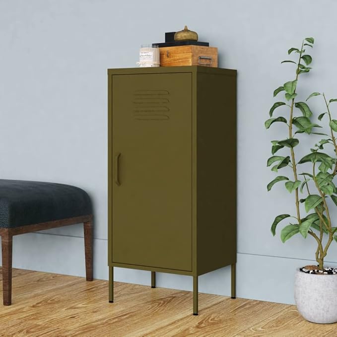 Olive Green Steel Medium Storage Cabinet with Adjustable Shelves and Durable Powder-Coated Construction for Living Room and Bedroom Organization