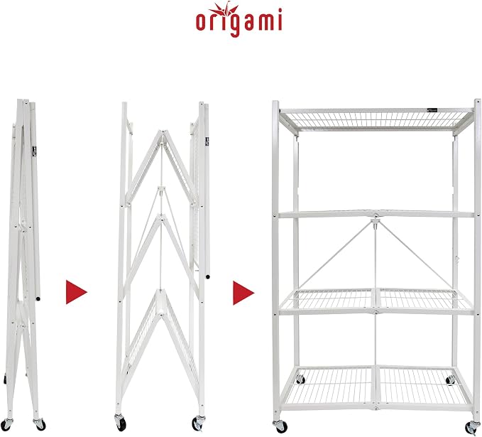 Origami 4-Pack R5 Storage Rack, 4-Tier Heavy-Duty Foldable Steel Shelf with Wheels, White