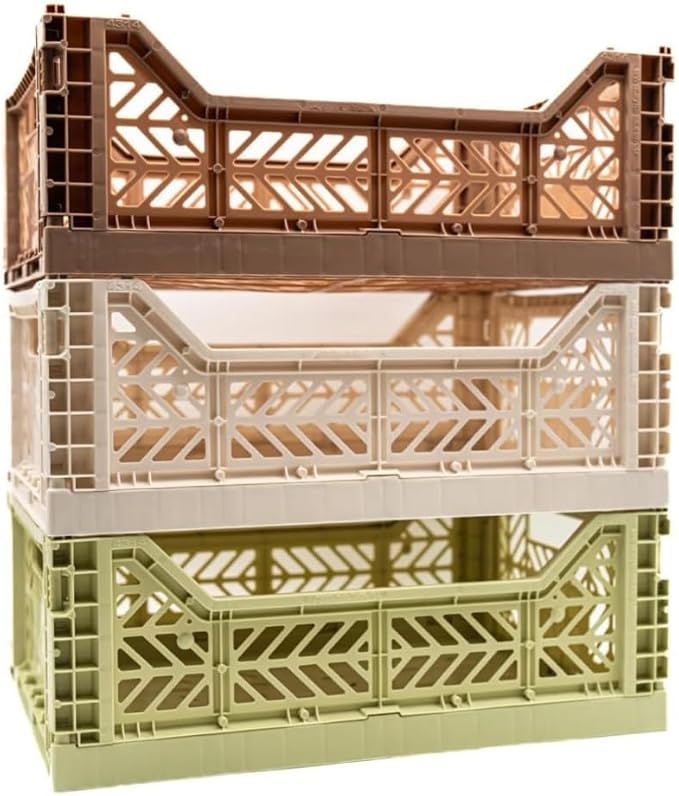 Collapsible Storage Box, Foldable Crate Organizer Bin with Handle, Stackable Crates for Home Organization (WarmTaupe-Lime-Coconut, 14L - 3 Pack)