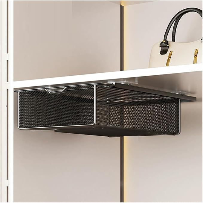 Pull Out Cabinet Storage Basket,Wardrobe Storage Organiser,Storage Under Shelf,No Punching Required,with 4 Hooks,for Kitchen Office Wardrobes Cupboard Storage(Black,37x22x10cm)